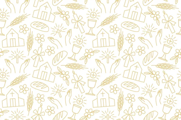 seamless pattern with christian religion icons: holy communion, chalice, bread, ear of wheat, praying hands, candle, church - vector illustration