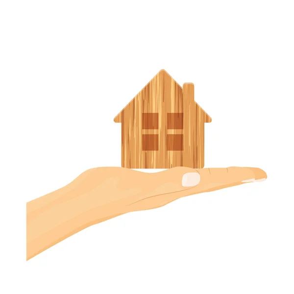 Ręczne Trzymanie Drewnianej Zabawki Domu Koncepcja Buing Dom Hipoteka Ubezpieczenie — Wektor stockowy