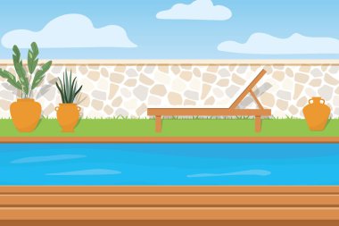 yüzme havuzu vektör illüstrasyonunun yanındaki güverte sandalyesi