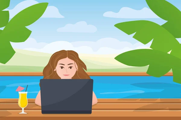 Νεαρή Γυναίκα Που Εργάζεται Ένα Φορητό Υπολογιστή Από Την Πισίνα — Διανυσματικό Αρχείο