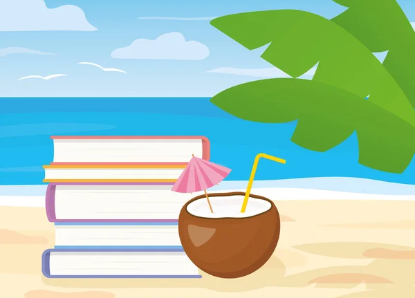 熱帯のビーチで本やココナッツカクテルのヒープ 夏休み旅行のコンセプト ベクトル図 — ストックベクタ