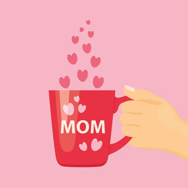 Hand Holding Coffee Mug Mom Word Hearts Mother Day Concept — Stock Vector