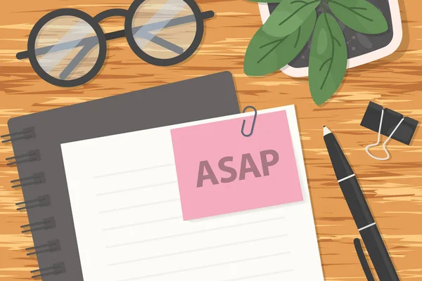 Asap Soon Possible Note Written Documents Office Desk Flat Lay — Stock Vector