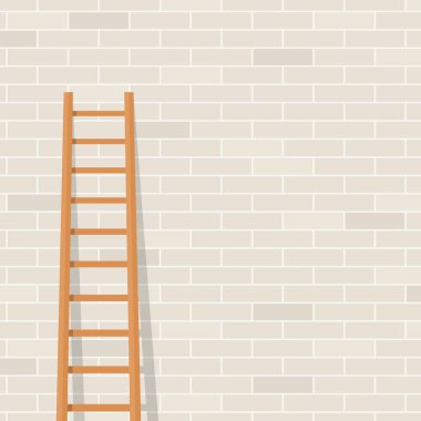 Tahta merdiven tuğla duvara karşı; başarı konsepti, kariyer, sorunu aşma - vektör illüstrasyonu