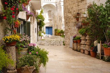 İtalya 'nın Puglia kentindeki Monopoli şehrinin çiçekleriyle süslenmiş büyüleyici dar sokaklardan biri.