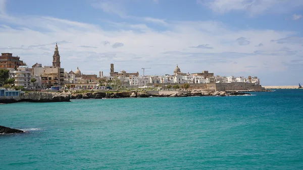 意大利Puglia的岩石海岸线 绿松石海和风景如画的蒙博里古城全景 — 图库照片