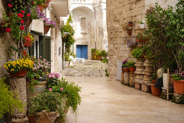 One of the charming narrow street decorated with flowers of picturesque Monopoli old town, Puglia, Italy