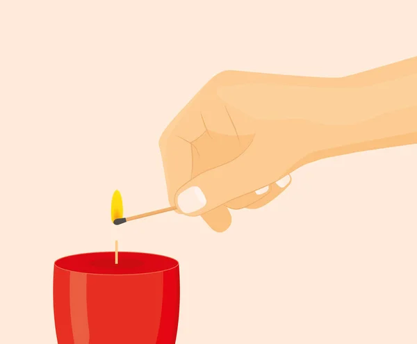 Hand Lighting Candle Match Vector Illustration — Stock Vector