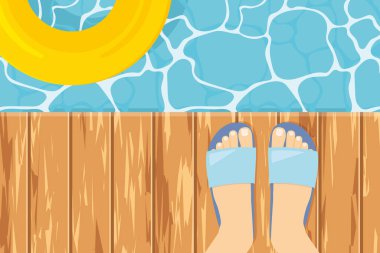 Yüzme havuzu vektör illüstrasyonunun yanında duran parmak arası terlikler.