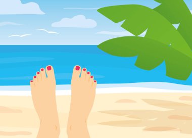 Tropik plajda palmiye yapraklı kadın ayakları - vektör çizimi