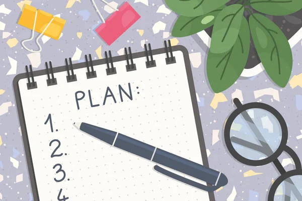 Plano Escrito Cuaderno Espiral Plano Escritorio Vista Vector Ilustración — Vector de stock