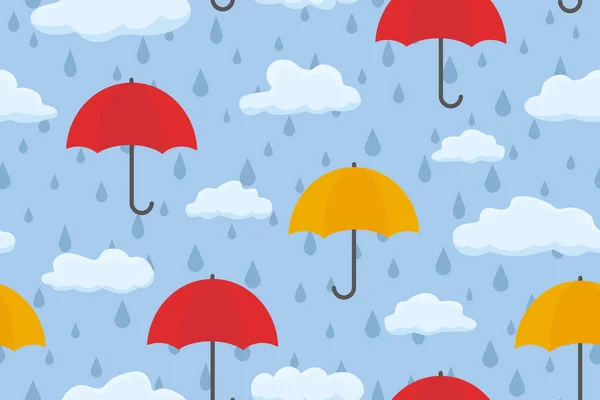 雨天无缝图案 有雨伞 云彩和水滴图标 矢量图解 — 图库矢量图片