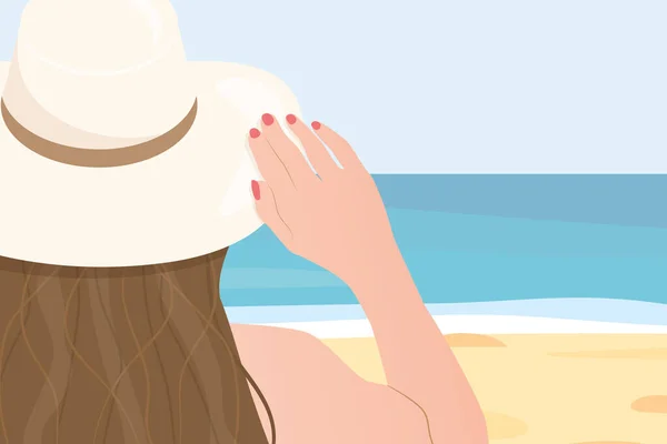 Mujer Sombrero Sol Playa Tropical Viaje Cóncavo Verano Ralaxación Protección — Archivo Imágenes Vectoriales