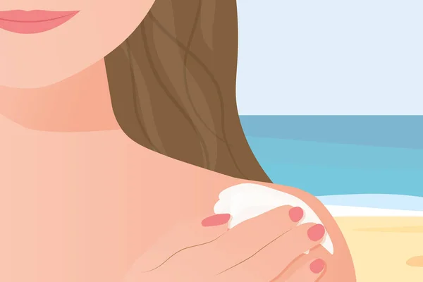 Mujer Aplicación Crema Solar Playa Quemaduras Piel Prevención Del Cáncer — Archivo Imágenes Vectoriales