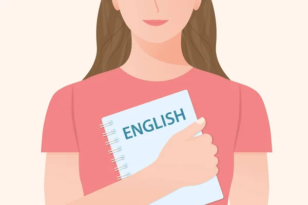 Young Pretty Woman Holding English Workbook Concept Learning English Vector — Stock Vector