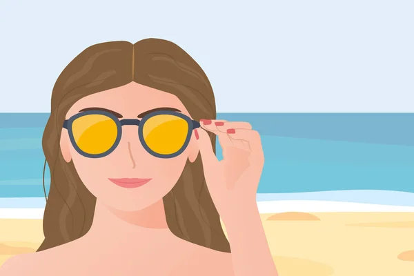 Bonita Mujer Joven Con Gafas Sol Playa Vector Ilustración — Vector de stock