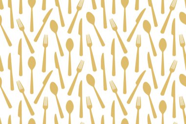 Altın pürüzsüz çatal bıçak kalıbı: kaşık, bıçak ve çatal; mutfak, restoran, menü arka plan çizimi -