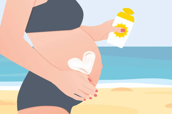 Zwangere Vrouw Die Zonnebrandcrème Het Strand Aanbrengt Brandwonden Huid Kankerpreventie — Stockvector