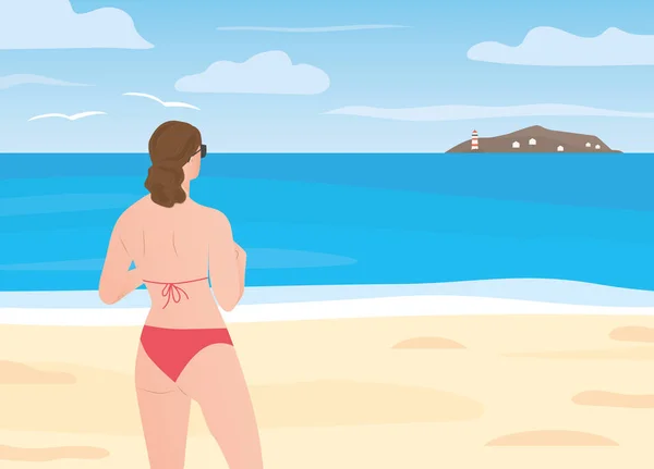 Kobieta Okularach Przeciwsłonecznych Bikini Plaży Patrząc Wyspę Horyzoncie Ilustracja Wektora — Wektor stockowy