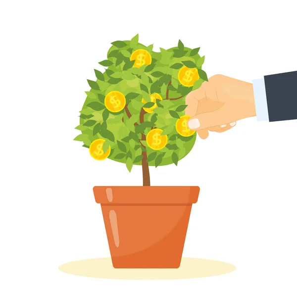 Hand Die Geld Vom Baum Holt Investitionen Gewinne Rentenkonzept Vektorillustration — Stockvektor