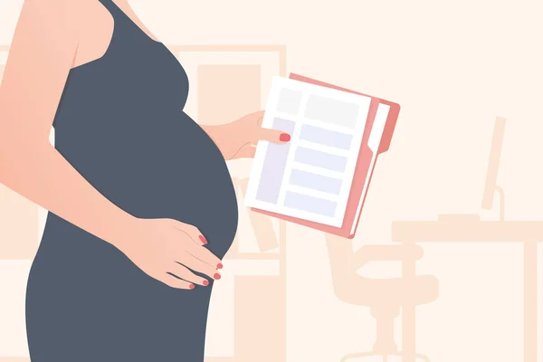 在办公室工作的怀孕女商人 在产假前完成工作 病媒说明 — 图库矢量图片