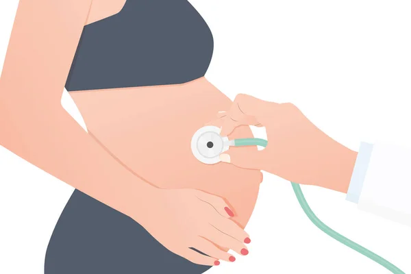 Arts Hand Met Stethoscoop Onderzoeken Zwangere Vrouw Prenatale Zorg Veiligheidscontroles — Stockvector