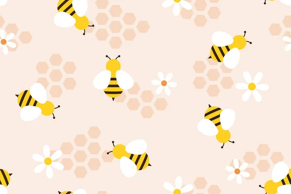 Безшовний Візерунок Бджіл Бджолами Стільниками Ромашковими Квітами Векторні Ілюстрації — стоковий вектор