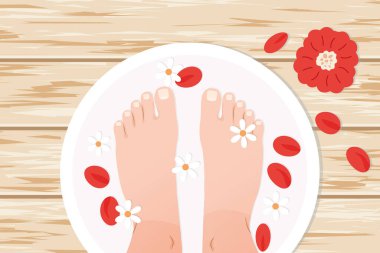 Su ve çiçek yapraklarıyla dolu bir havuzda ayaklar; spa tedavisi; işte uzun bir günün ardından rahatlama, kişinin kendisi için vektör illüstrasyonu