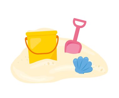 renkli çocuklar kum oyuncakları: kova, kürek ve kabuk şekilli kürek - vektör çizimi