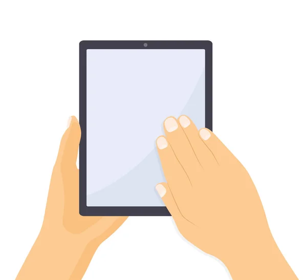 Mãos Segurando Tablet Com Tela Branco Ilustração Vetorial — Vetor de Stock