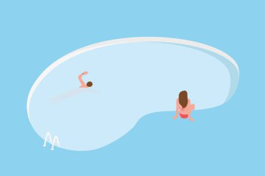 Çift yüzme havuzunda dinleniyor, erkekler yüzüyor ve kadın kenarda oturuyor - vektör çizimi