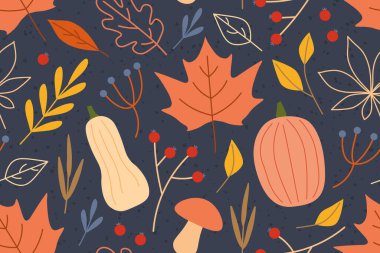 Yapraklar, balkabakları ve çiçek elementleri ile sonbahar dikişsiz desen; sarma, tekstil, duvar kağıdı, tebrik kartı resimleme için harika