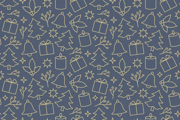 Altın dikişsiz noel şablonu ile mevcut, köknar ağacı, mum, yıldız, kutsal dut, zil; ambalaj kağıdı, duvar kağıdı, tebrik kartı - vektör çizimi için harika