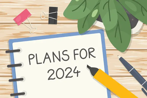 Planos Para 2024 Escrito Notebook Composição Flat Lay Madeira Mesa —  Vetores de Stock
