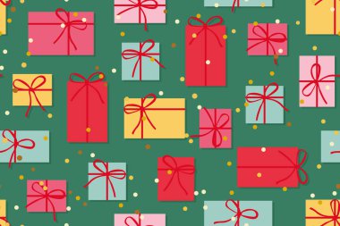 Renkli hediyeler ve altın konfeti ile kusursuz noel deseni