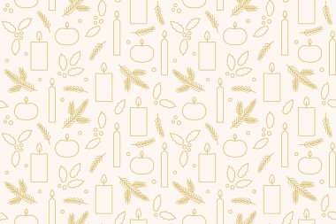 Mumlar, kutsal böğürtlenler ve köknar dalları ile noel altın dikişsiz desen; ambalaj, tebrik kartları, arka planlar, illüstrasyon için harika