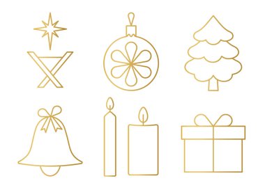Altın Noel simgeleri dizisi: doğum sahnesi, top, hediye, köknar ağacı, çan, mum ve vektör illüstrasyonu-