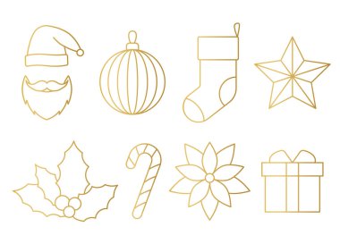 Noel Baba, takı, çorap, yıldız, ökseotu, şeker kamışı, puantiye çiçeği, kutsal çilek ve hediye kutusu illüstrasyonu.