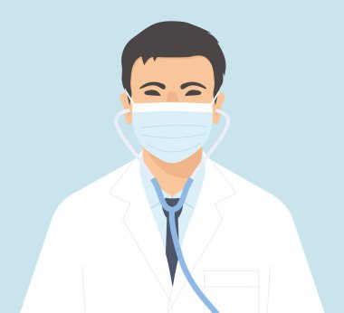 Beyaz önlüklü ve maskeli bir erkek doktorun portresi. Stetoskop vektör çizimi.