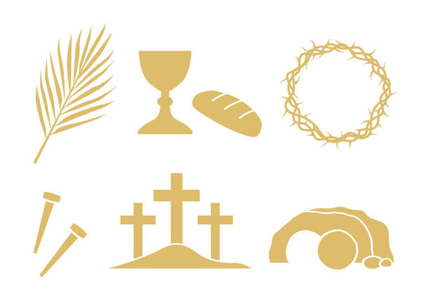 golden set of Easter and Holy Week related icons: palm leaf, holy communion chalice,  crown of thorns, nails, mount Calvary, Jesus tomb - vector illustration
