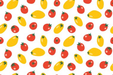 Çiftçi pazarından alınmış kiraz domatesleri ile kusursuz desen; mutfak tekstili, ambalaj tasarımı, tarif kartları veya yemek blogları ve web siteleri için dijital arkaplan - vektör illüstrasyonu