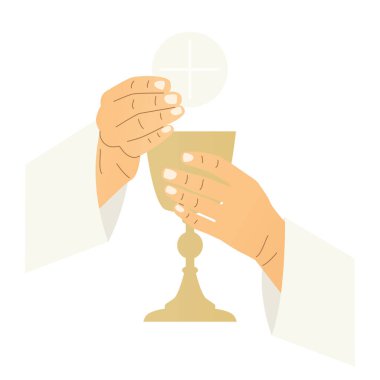 Papazın elleri kutsal ayin mihmandarı ve kadehi, komünyon, gofret; dini yayınlar, kilise bültenleri veya ruhani web siteleri için idealdir.