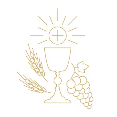 golden holy communion chalice with waffer, grapes and wheat ears; design element for first holy communion invitations and greeting cards - vector illustration clipart