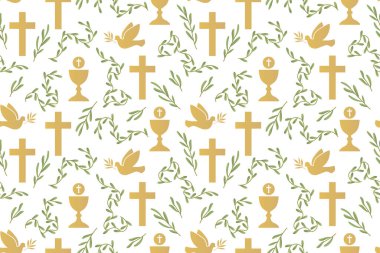 Hıristiyan dini simgeleriyle kusursuz desen: güvercin, kadeh ve haç; ambalaj, tebrik kartları, davetiyeler, vektör illüstrasyonları-