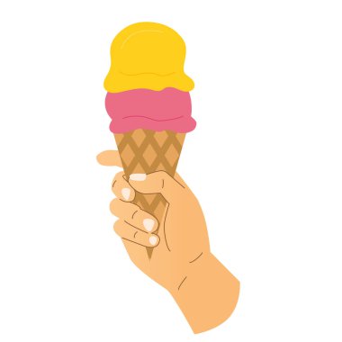 Waffle külahında el ele dondurma tutmak; yaz, tatlılık ve neşe kavramı - vektör illüstrasyonu