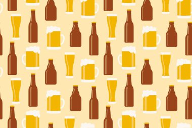 Bira şişeleri ve bardaklarla kusursuz desen; ambalaj kağıdı, bar veya bar menüleri, giyim, bira festivalleri veya bira fabrikaları için pazarlama materyalleri için mükemmel.