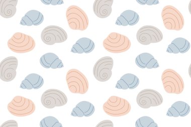 Deniz kabuklarının kusursuz yaz şablonu, yaz temalı giysiler, ev dekorasyonu malzemeleri, duvar kağıtları, ambalaj vektör çizimi için harika.