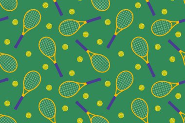 Tenis roketleri ve toplarıyla kusursuz desen, kırtasiye malzemesi için mükemmel, tenis etkinliği promosyonları - vektör illüstrasyonu