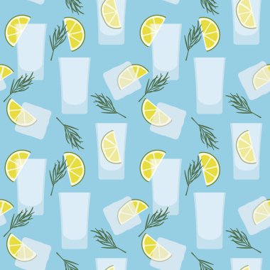 Limon dilimleri ve biberiye yapraklı tekila ve votka shot 'lı kusursuz desen; yaz partisi arka plan çizimi