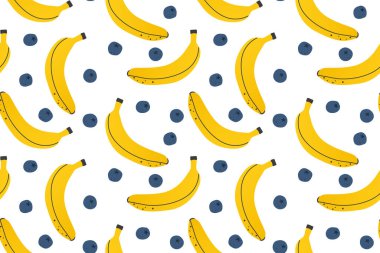 Yaz aylarında muz ve yaban mersinli dikişsiz meyve desenleri, yaz temalı kıyafetler, ev dekorasyonu, ambalajlama, kırtasiye malzemeleri ve tebrik kartları için mükemmel.